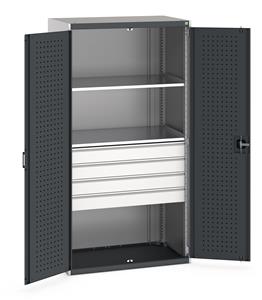Bott cubio kitted cupboard with lockable steel perfo lined doors 1050mm wide x 650mm deep x 2000mm high.  Supplied with 4 x 125mm high drawers and 2 x metal shelves.   Drawer capacity 75kgs, shelf capacity 100kgs.... Bott1050mm Wide Industrial Tool Cupboards